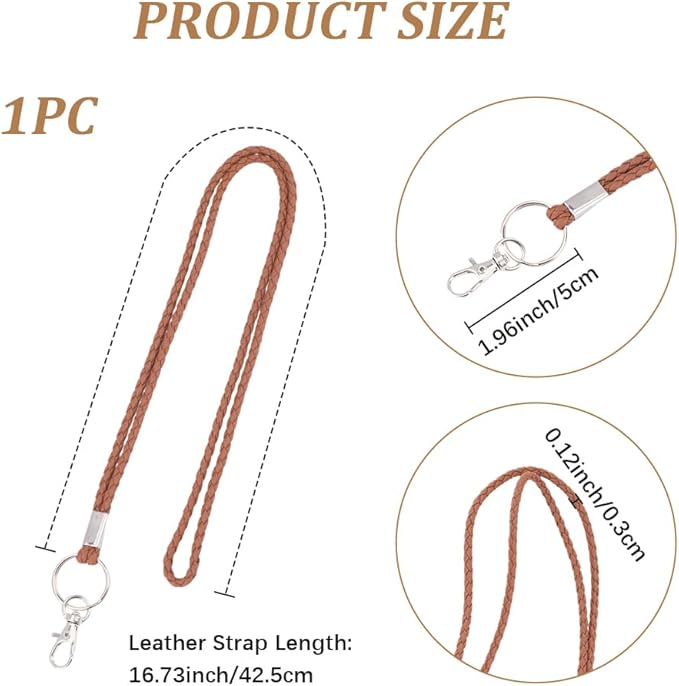 PU Leather Braided Lanyard Strap for ID Badge with Metal Clip 32.68 Inch Handmade Necklace Lanyards Office Neck Long Strap Wristlet Bracelet Keychain Cord for Card Holder Keys(Coconut Brown)