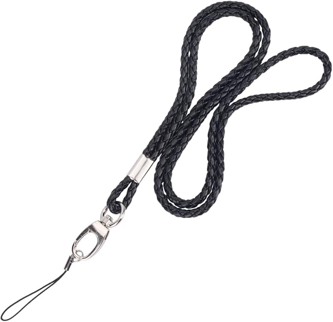 PU Leather Lanyard Strap Keychain 33.86 Inch Braided Office Long Neck Cord with Metal Clasp Handmade Necklace Badge Lanyards Wristlet Bracelet Keychain for ID Card Holder Keys (Black)