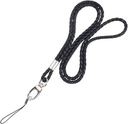 PU Leather Lanyard Strap Keychain 33.86 Inch Braided Office Long Neck Cord with Metal Clasp Handmade Necklace Badge Lanyards Wristlet Bracelet Keychain for ID Card Holder Keys (Black)