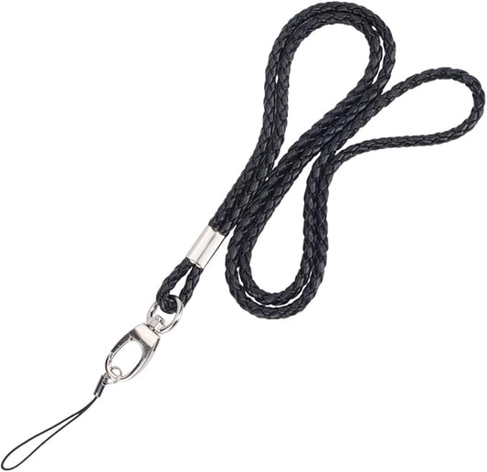 PU Leather Lanyard Strap Keychain 33.86 Inch Braided Office Long Neck Cord with Metal Clasp Handmade Necklace Badge Lanyards Wristlet Bracelet Keychain for ID Card Holder Keys (Black)