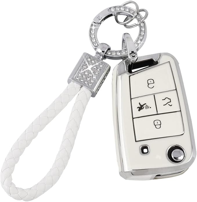 PIFOOG for Volkswagen VW Key Fob Cover Tiguan Golf GTI Altas Jetta Accessories 4 Button Soft TPU Car Keys Case Protector Bling Keychain Landyard Girly White Silver