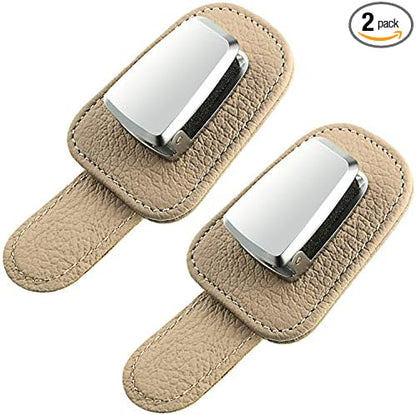 Mudder 2 Packs Sunglasses Holder for Car Universal Visor Sunglasses Holder Clip Leather Eyeglasses Hanger and Ticket Card Clip Eyeglasses Mount for Car(Beige)