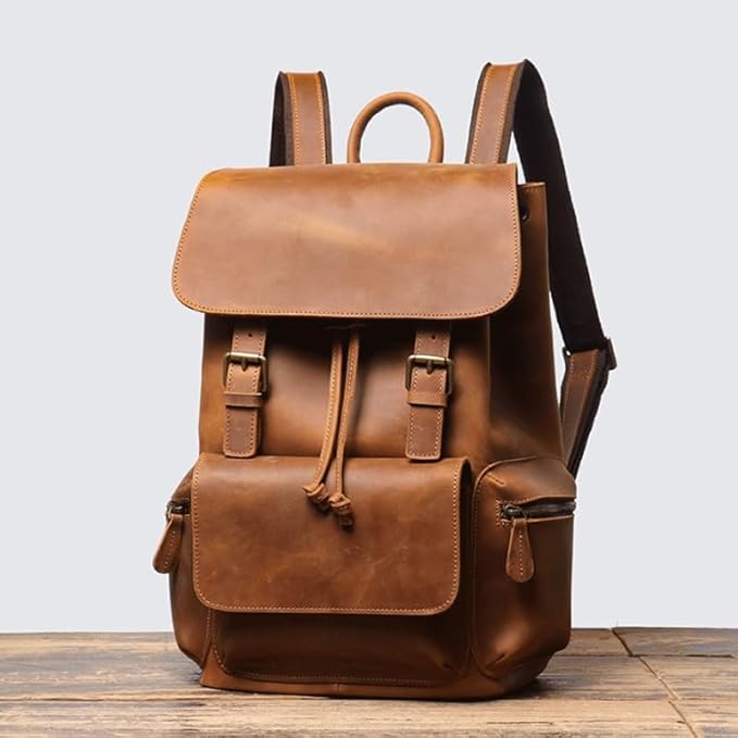 Retro Men's Business Travel Backpack Made of Genuine Leather Large Capacity Suitable for Carrying A Laptop