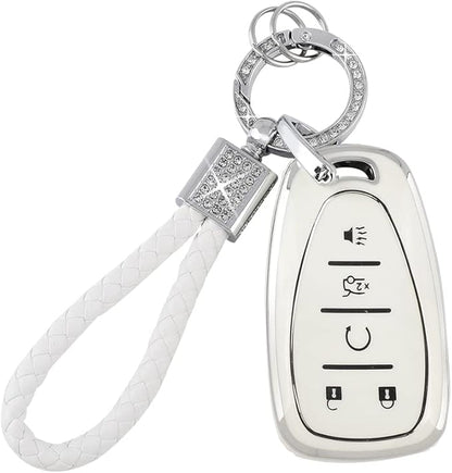 PIFOOG Key Fob Cover for Chvy Keychain Bling White Silver TPU 5 Button Car Keys Case Shell Protector for Equinox Traverse Blazer Trailblazer Malibu Camaro Spark Women Girly