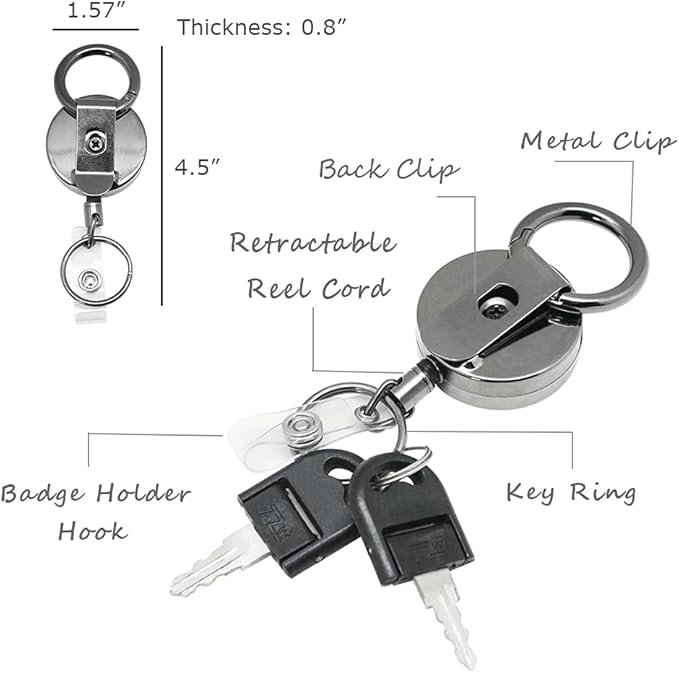 Retractable Key-Chain Badge Reel - Boshiho Heavy Duty Metal ID Badge Holder Key Reel, Key Holder Ring with Belt Clip