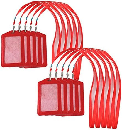 yueton 10pcs Vertical Style Leather Business ID Badge Card Holder, Name Card Business Card Holder Tag with Long Neck Strap Band Lanyard (Red)