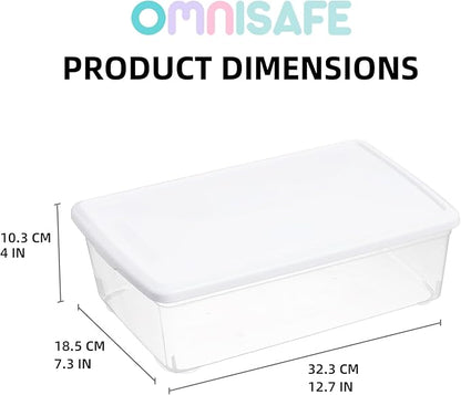 Stackable Plastic Storage Shoebox, BPA-Free Nestable Container with Latching Lid to Organize Shoes, See-Through Box for Home and Office, Multi-Purpose Storage Case, Clear Bins (12 Pack 6 Quart White)