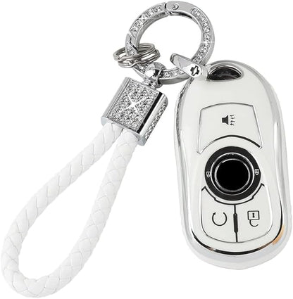 PIFOOG Accessories for Buick Regal Encore GX Key Fob Cover 5 Buttons Soft TPU Keys Shell Case Glittering Car Keychain Full Protector Girl Women Men Crystal White Silver