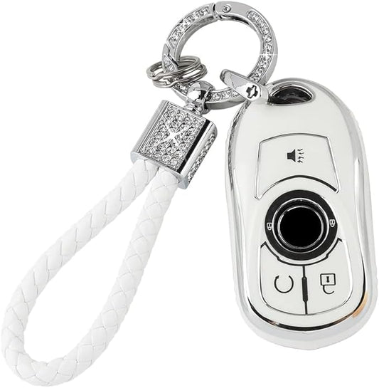 PIFOOG Accessories for Buick Regal Encore GX Key Fob Cover 5 Buttons Soft TPU Keys Shell Case Glittering Car Keychain Full Protector Girl Women Men Crystal White Silver