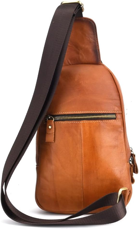 Leather Sling Bag Crossbody Backpack for Men Women Outdoor Travel Camping Hiking Shoulder Chest Day Pouch Casual Vintage Sling Daypack Yellow Brown