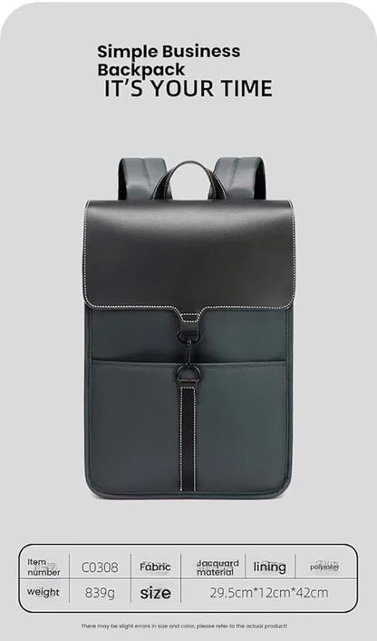 Multi-Compartment Laptop Backpack, PU Leather, Black, with Reinforced Handle and Multiple Storage Pockets