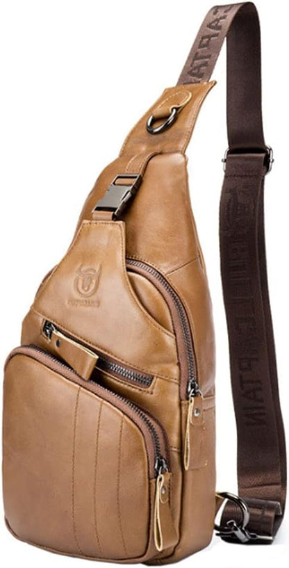 Hebetag Leather Sling Bag Crossbody Backpack for Men Women Outdoor Travel Shoulder Chest Pouch Hiking Camping Casual Pack Daypack (Light Brown)