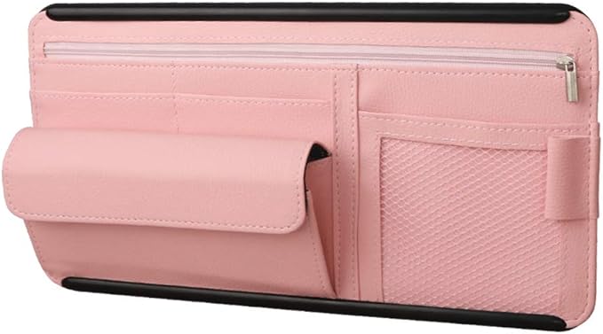 Car Sun Visor Multi-Pocket Net Zipper Organizer Auto Interior Accessories Pocket Organizer Storage Pouch Holder for Card License Pen Glasses (Pink)