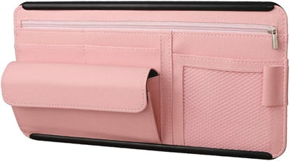 Car Sun Visor Multi-Pocket Net Zipper Organizer Auto Interior Accessories Pocket Organizer Storage Pouch Holder for Card License Pen Glasses (Pink)