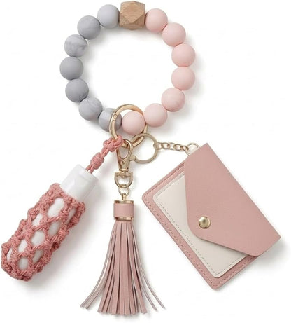 BIHRTC Silicone Key Ring Bracelets Wristlet Keychain Wallet with Net Chapstick Holder for Women