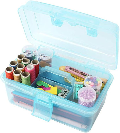 BangQiao Multipurpose Plastic Art and Craft Supply Storage Container Bin Case with Removable Tray and Handle, First Aid Box Organizer, Clear&Blue