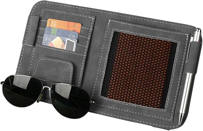 Car Sun Visor Organizer, Leather Card Sleeve Pocket Organizer, Multifunctional Auto Visor Document Holder with Sunglasses Clip, Universal Car Interior Organizer for Driving License, Pen (Large-Grey)