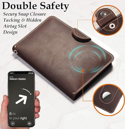 RFID Passport Holder for Travel with Airtag Slot(Hidden) - Genuine Leather Passport Wallet, Large Capacity Passport Cover for Men & Women, Family & Couples, Christmas Gift