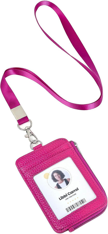 Badge Holder – Genuine Leather ID Badge Holder with Zipper Pocket and Nylon Lanyard – Perfect for Badges, Cards, and More
