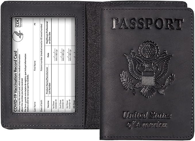 Genuine Leather Passport and Vaccine Card Holder Combo, RFID Blocking, Black, Unisex