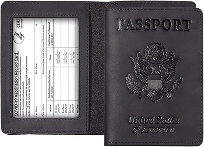 Genuine Leather Passport and Vaccine Card Holder Combo, RFID Blocking, Black, Unisex