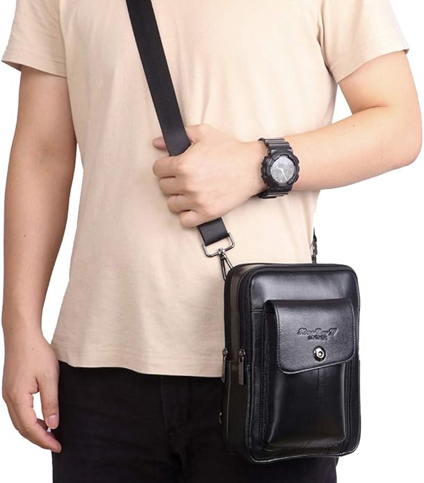 Hebetag Small Leather Sling Shoulder Bag Messenger Pack for Men Women Outdoor Travel Business