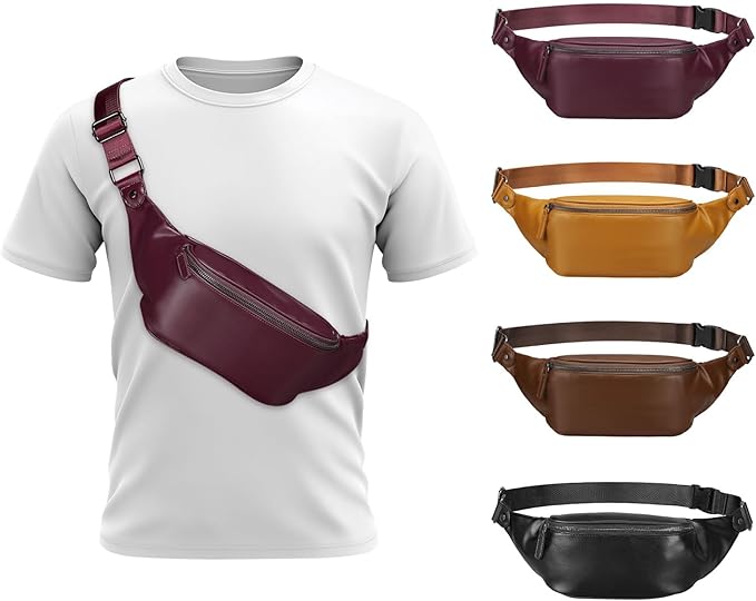 Faux Leather Belt Bag for Men, Crossbody Sling Bag with Adjustable Strap, Back Zipper Pocket, Large Capacity Waist Pack for Travel, Work, Every, Purple