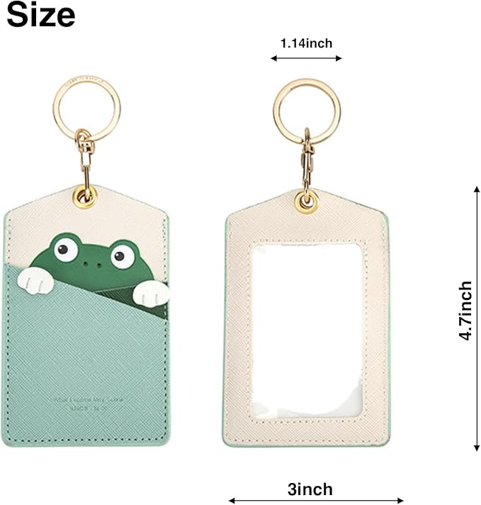 PU Leather ID Badge Holder with Keychain - Cartoon Animal Cute ID Badge Holder, 3 Card Slots for Professionals, Students, Nurse Officer, School Women Girls Boys (Green)
