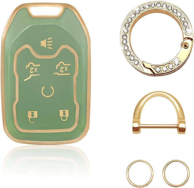 Soft TPU Key Fob Cover Case Shell Protector Key Cover Compatible with Chevy Chevrolet Suburban Tahoe GMC Terrain Yukon Yukon XL Car Key with Bling Keychain for Accessories (Green)
