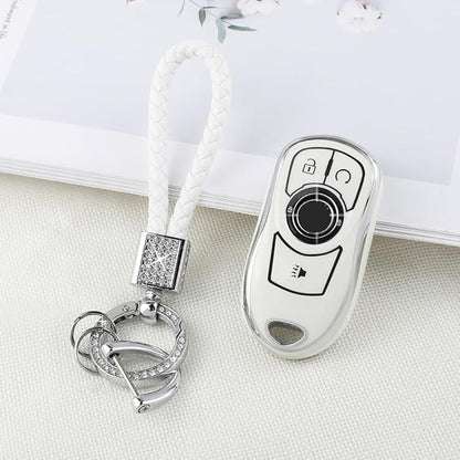 PIFOOG Accessories for Buick Regal Encore GX Key Fob Cover 5 Buttons Soft TPU Keys Shell Case Glittering Car Keychain Full Protector Girl Women Men Crystal White Silver