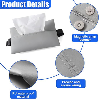 YoRise Car Tissue Holder, PU Leather Car Napkin Holder with Adjustable Strap, Center Console Tissues Box Cover, Sun Visor Organizer Keep Auto Tidy, Vehicle Headrest Storage Accessories (Gray)
