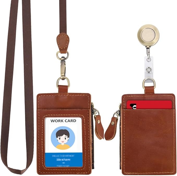 Wonderpool Leather ID Badge Holder with Zipper Wallet Pouch - Card Slots Case Detachable Neck Lanyard and Retractable Badge Reel for Office School Hospital Exhibition ID (Red Brown)