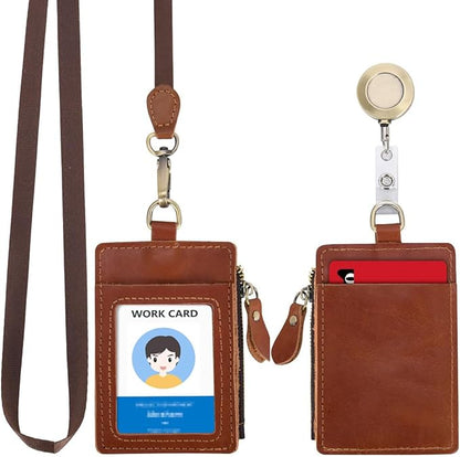 Wonderpool Leather ID Badge Holder with Zipper Wallet Pouch - Card Slots Case Detachable Neck Lanyard and Retractable Badge Reel for Office School Hospital Exhibition ID (Red Brown)