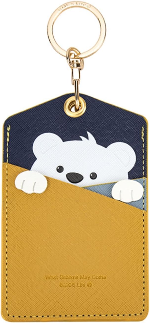 PU Leather ID Badge Holder with Keychain - Cartoon Animal Cute ID Badge Holder, 3 Card Slots for Professionals, Students, Nurse Officer, School Women Girls Boys (Yellow)
