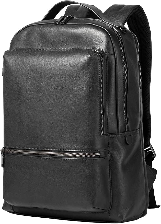 15.6 Inch Genuine Leather Laptop Backpack for Men Women, Business Travel Backpack Hiking Rucksack Daypack (2#Black)