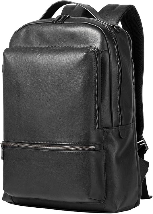 15.6 Inch Genuine Leather Laptop Backpack for Men Women, Business Travel Backpack Hiking Rucksack Daypack (2#Black)