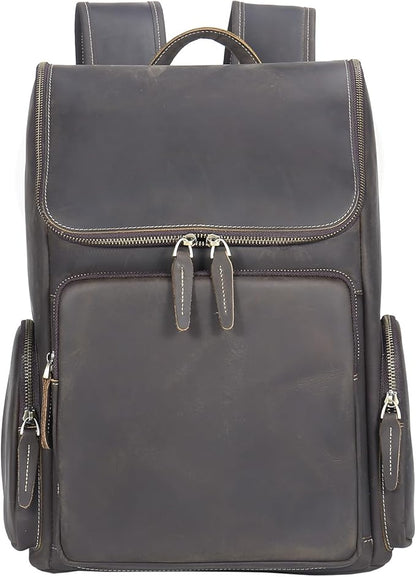 boshiho Genuine Leather Backpack for Men & Women, 13 Inch Laptop Backpack, Water-Resistant Business Travel Backpack, Premium Crazy Horse Leather Work Bag (Dark Brown)