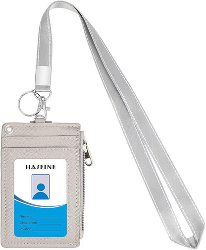 HASFINE ID Badge Holder with Lanyard,2 Sided 5 Card Slots ID Card Holder Wallet with PU Leather Zipper Pocket and Detachable Keychain Lanyard for Teens Men Women(Gray)