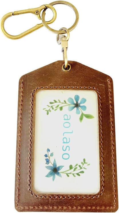 Badge Holder Vertical Handmade Leather ID Card Badge Holder Keychain with Heavy Duty Carabiner Clip for Men Women (Brown)