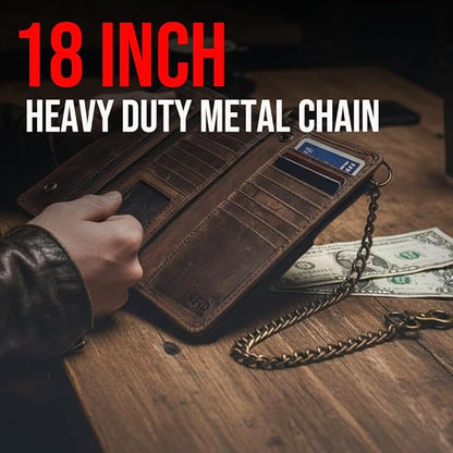 IBRO VINTAGE Motorcycle Chain Wallet for Men – Premium Cowhide Leather, RFID Tri-Fold Biker Wallet with Heavy Duty Chain for Bikers Truckers & Hunters, Credit Card Money Organizer Long Wallet | Long Trifold, RFID Blocking, Men's, Trucker Biker
