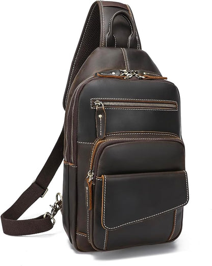 LANNSYNE Full Grain Leather Casual Sling Bag For Men Hiking/Travel/Business Crossbody Chest Bag Fits 12.9" iPad