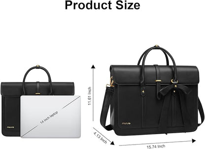 MOSISO Laptop Bag for Women, 13-14 inch PU Leather Laptop Shoulder Bags Convertible Backpack, 13.3 inch Messenger Bags Casual Handbag Work Briefcase Travel Computer Bag with Bowknot, Black