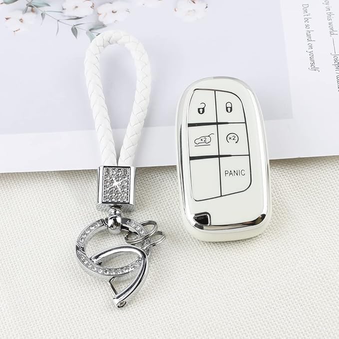 PIFOOG White Key Fob Cover for Jeep Grand Cherokee Compass Renegade Accessories TPU Soft Car Keys Case Shell Protector Bling Keychain 5 Buttons Girly Women Cute