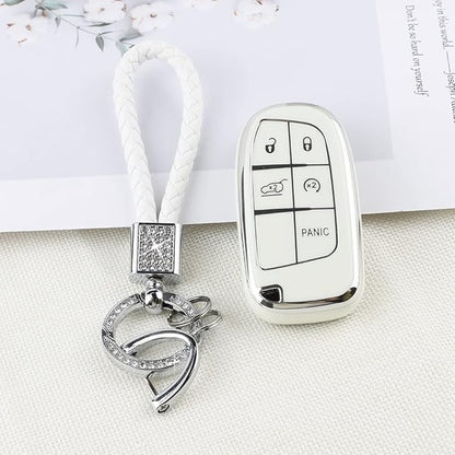 PIFOOG White Key Fob Cover for Jeep Grand Cherokee Compass Renegade Accessories TPU Soft Car Keys Case Shell Protector Bling Keychain 5 Buttons Girly Women Cute