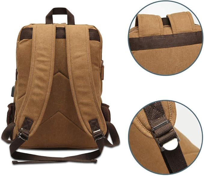 Modoker Eco-Friendly Canvas Backpack for Men Women, Vintage Rucksack Fits Most 15.6 Inch Laptop, Bookbag with USB Charging Port, Brown