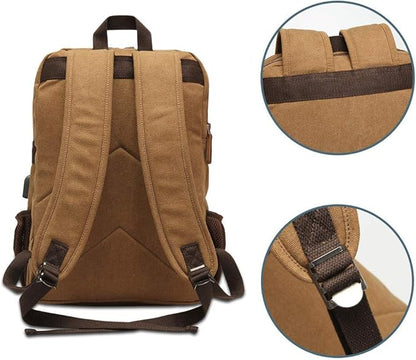 Modoker Eco-Friendly Canvas Backpack for Men Women, Vintage Rucksack Fits Most 15.6 Inch Laptop, Bookbag with USB Charging Port, Brown