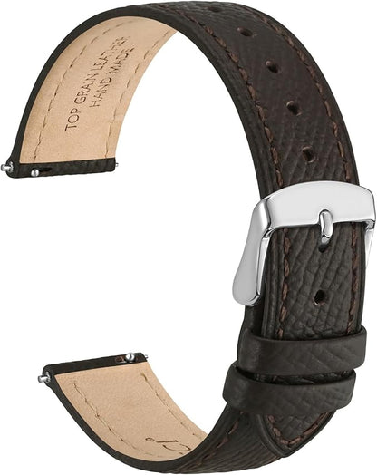 WOCCI 20mm Grace Leather Watch Band for Ladies, Top Grain Leather, Quick Release Replacement Strap with Silver Buckle (Dark Brown)