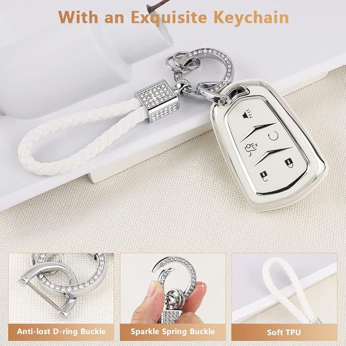 PIFOOG Key Fob Cover for Cadillac SRX CTS CT6 XTS XT5 XT6 XT4 ATS Accessories TPU 5 Button Keys Case Shell Protecor Glitter Car Keychain Girly Women White Silver