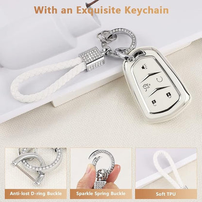 PIFOOG Key Fob Cover for Cadillac SRX CTS CT6 XTS XT5 XT6 XT4 ATS Accessories TPU 5 Button Keys Case Shell Protecor Glitter Car Keychain Girly Women White Silver