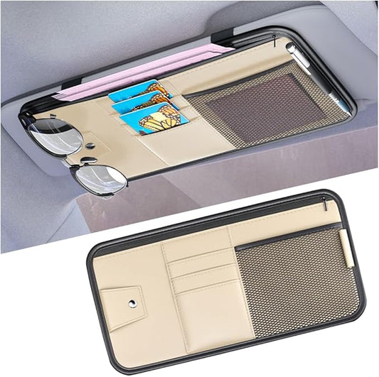 Mandark Car Sun Visor Organizer, PU Leather Vehicle Storage Pouch Holder with Multi-Pocket Zipper, Auto Interior Accessories for Sunglass Pen Document, Universal for SUV, Sedan, Truck (Beige)